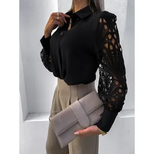 Women's black long sleeve shirt with hollow out lace spliced design, elegant fashion top.