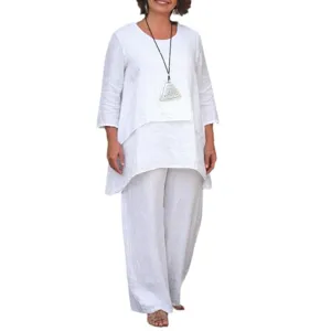 White linen blend two piece outfit women casual long sleeve tunic and wide leg pants set