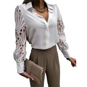 Women white long sleeve button down blouse with hollow out lace patchwork sleeves for spring.