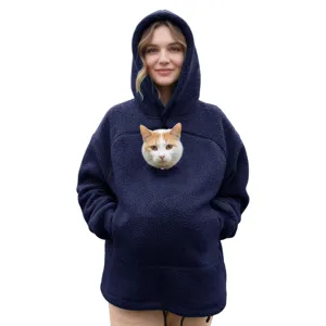 Cozy fleece pet hoodie for women featuring a large front kangaroo pouch in navy blue color