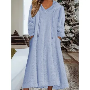 Comfortable cozy fuzzy hooded long sleeve dress for women winter warm casual loungewear