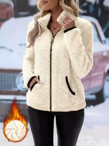 Womens Sherpa Fleece Zip Jacket Casual Autumn Winter Long Sleeve Full Zip Outerwear Coat