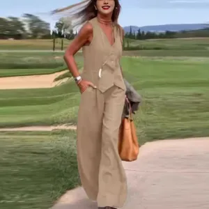 Ensemble deux pièces pour femme gilet sans manches uni et pantalon large chic et mode