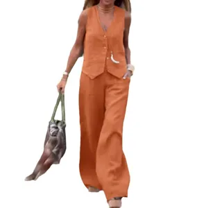 Ensemble deux pieces mode femme couleur unie gilet col V et pantalon large decontracte