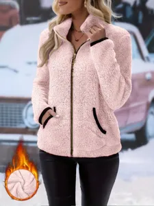 Women winter pink fuzzy fleece zip up jacket casual teddy sherpa coat with pockets long sleeve