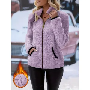 Women winter casual fleece zip up cardigan jacket with stand collar plush outerwear