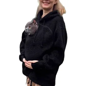Cozy fleece pet pouch hoodie for women, casual warm oversized hooded sweatshirt with cat pocket.