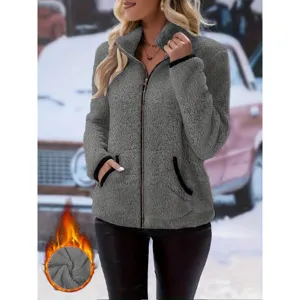 Women fuzzy fleece jacket full zip up winter casual long sleeve stand collar coat with pockets