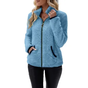 Women fuzzy fleece zip up jacket casual stand collar fluffy outerwear warm winter coat