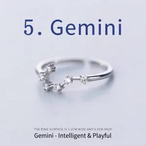 Detailed view of Gemini zodiac constellation ring with cubic zirconia in silver finish