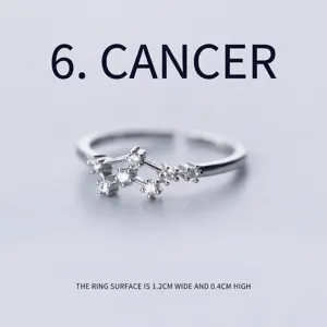 Macro detail of silver plated Cancer constellation ring with dimensions and zircon inlay
