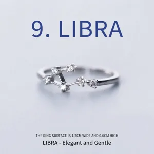 Detailed view of silver-plated Libra constellation ring featuring sparkling cubic zirconia
