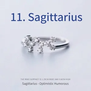 Detailed macro view of silver Sagittarius zodiac ring with sparkling zircon stones