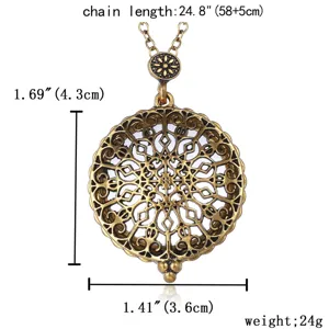 Detailed view of vintage magnifying glass necklace with size measurements in inches and cm.