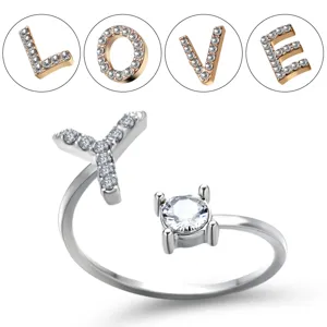 Silver plated adjustable open ring with rhinestone letter Y and sparkling cubic zirconia