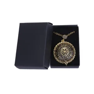 Retro vintage hollow pattern magnifying glass pendant necklace in a black gift box packaging