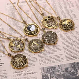 Detailed view of vintage-style hollow magnifying glass pendants on an English newspaper.