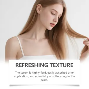 Scalp serum detail showing refreshing texture, fast absorption, and non-sticky formula.