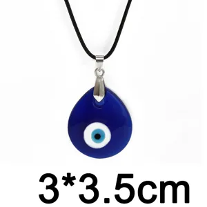 Turkish blue evil eye teardrop pendant necklace with 3x3.5cm size annotation on white background