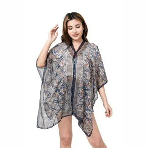 Elegant paisley print chiffon beach cover-up for women, long summer sun protection shawl