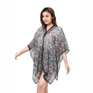 Sheer paisley print chiffon beach cover-up shawl for women's summer swimwear