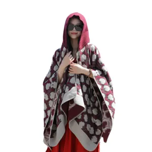 Ethnic style floral hooded poncho shawl for women's travel and outdoor photography