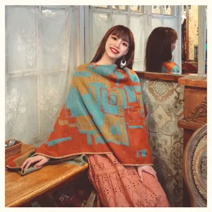 Vintage Ethnic Geometric Tassel Fringe Cloak Shawl Acrylic Polyester Jacquard Keep Warm Blanket Scarf Wrapped Poncho For Women Travel