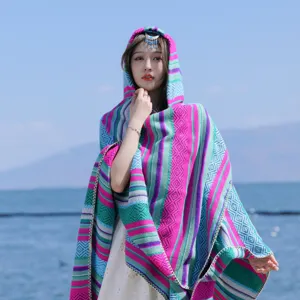 Ethnic style colorful striped hooded shawl poncho for women with vibrant knit patterns