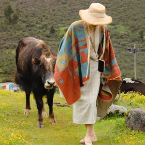 Bohemian vintage thickened warm shawl poncho for ethnic style outdoor fashion photography