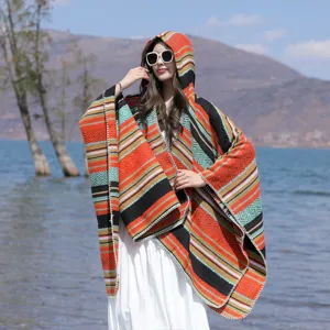 Bohemian style colorful striped hooded poncho shawl for travel and outdoor sun protection