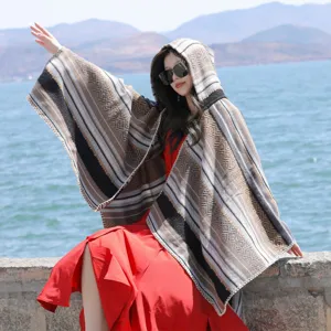 Ethnic style striped hooded knit poncho shawl for women outdoor travel vacation cover up
