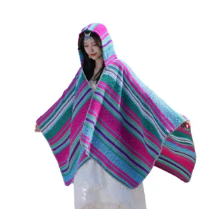 Ethnic style colorful striped hooded poncho for women lightweight travel knit shawl wrap