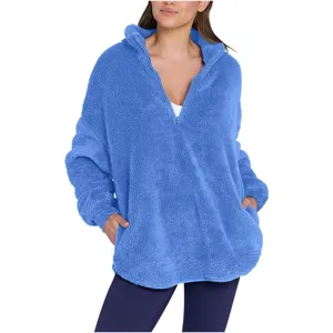 Sweat-shirt Polaire Casual à Col Montant et Manches Longues pour Femmes Pull Chaud d'Hiver Couleur Unie avec Poches