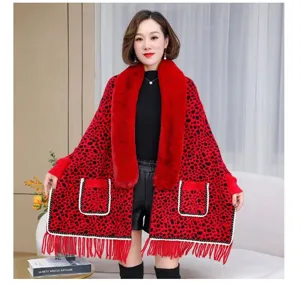 Red leopard print knitted shawl featuring a thick faux fur collar and fringe trim.