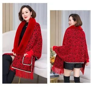 Close-up showing the knit texture and fur collar detail of the red leopard print shawl