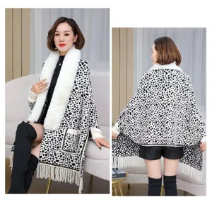 Dual view of a stylish leopard print knitted poncho featuring a plush white fur collar.