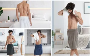 Ανδρική φορετή πετσέτα μπάνιου με τσέπη, κλείσιμο με βέλκρο, απορροφητικό μπουρνούζι.