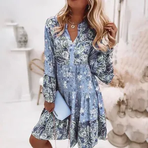 Women's blue floral tiered mini dress casual long sleeve v-neck patchwork short dress new