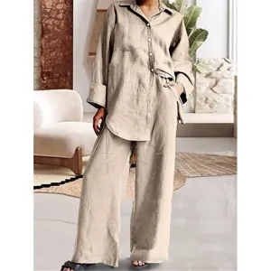 Conjunto de dos piezas de lino beige para mujer camisa manga larga y pantalon ancho