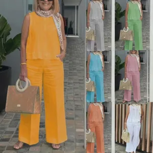 Women Casual Cotton Linen Set Solid Color Sleeveless Top And Wide Leg Pants Breathable Summer Outfit