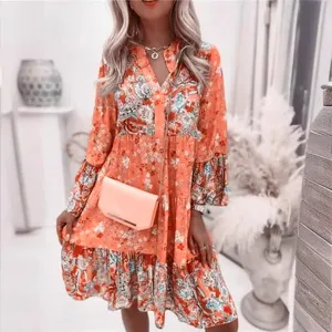 Women's orange floral print tiered mini dress long sleeve casual boho dress for summer