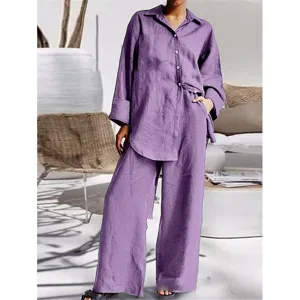 Conjunto casual violeta para mujer camisa de manga larga con botones y pantalón ancho