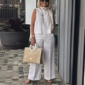 Women casual white linen two piece set sleeveless top and wide leg pants for summer