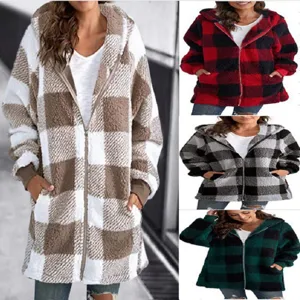 Women Casual Plaid Fleece Hooded Zipper Jacket Long Sleeve Loose Outerwear With Pockets Winter Warm Streetwear