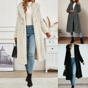 Women's Long Hooded Woolen Coat Winter Solid Color Double Breasted Long Sleeve Casual Outerwear Fleece Warm Jacket