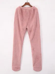 Pantalón de pijama de forro polar rosa con pies, ropa de estar por casa cálida y gruesa.