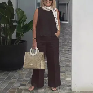 Women's sleeveless solid color cotton linen suit, casual summer two piece outfit main view.