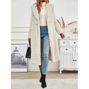 Women's long solid color hooded fleece coat winter casual warm outerwear with cozy plush fabric.