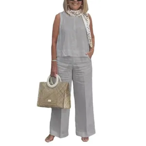 Women sleeveless solid color linen two piece set casual summer wide leg pants outfit