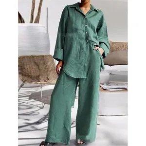 Conjunto de dos piezas de lino verde para mujer camisa manga larga y pantalones